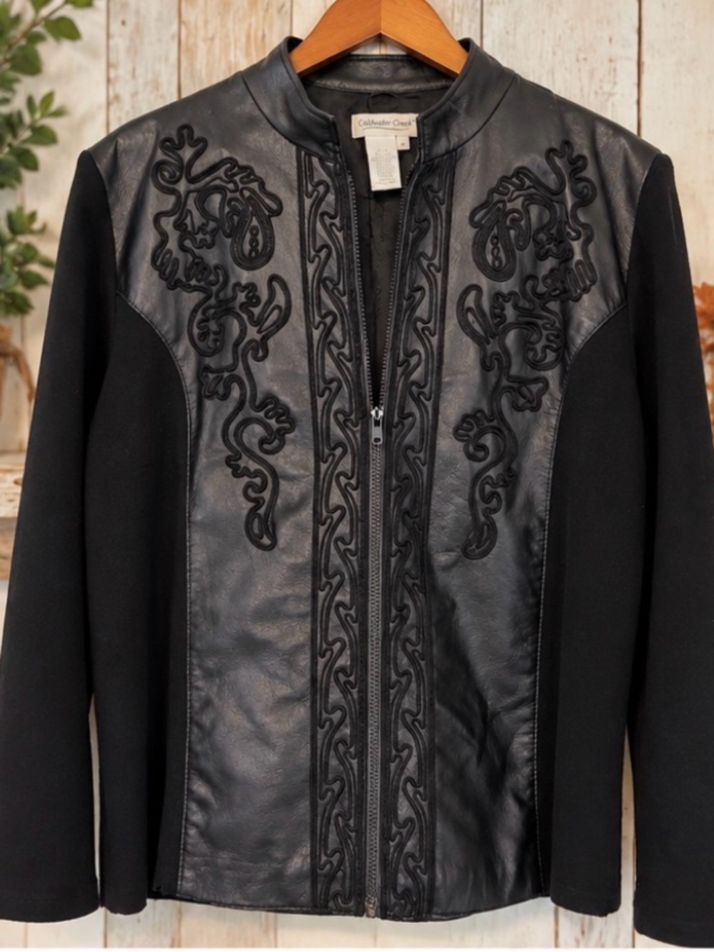 Coldwater Creek XL Genuine Leather Embroidered Black Jacket Mixed Media Zip